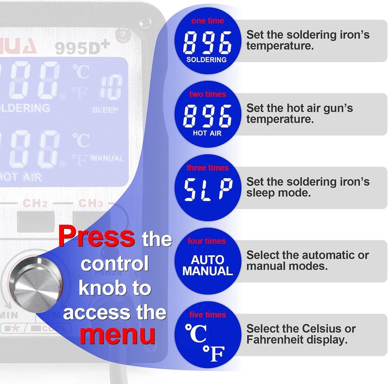YIHUA 995D+ 2 in 1 Hot Air Rework and Soldering Iron Station with LCD Display and Memory Functions - Image 3