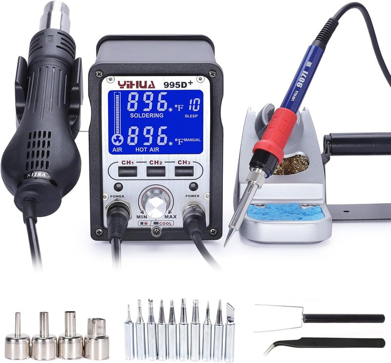 YIHUA 995D+ 2 in 1 Hot Air Rework and Soldering Iron Station with LCD Display and Memory Functions - Image 1