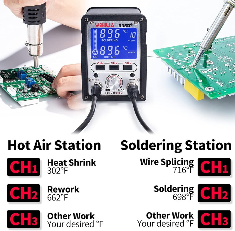 YIHUA 995D+ 2 in 1 Hot Air Rework and Soldering Iron Station with LCD Display and Memory Functions - Image 2