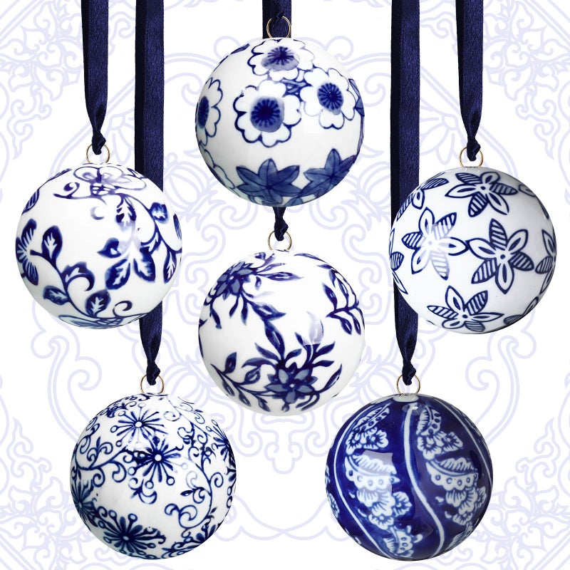 Cindeer 6 Pcs Christmas Porcelain Balls 24 Inch Blue and White Chinoiserie Ornament Bulk Hanging Decorative Ceramic Decor for Home Tree Xmas Party Stylish Style