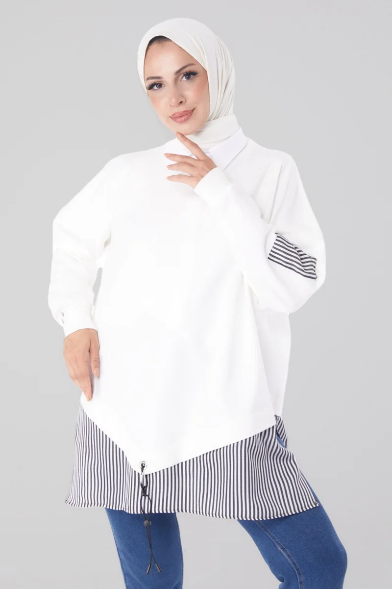 Tofisa Plain Crew Neck Women's White Striped Sweat - 26222