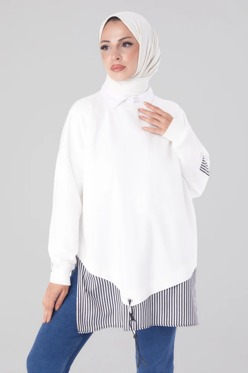 Tofisa Plain Crew Neck Women's White Striped Sweat - 26222