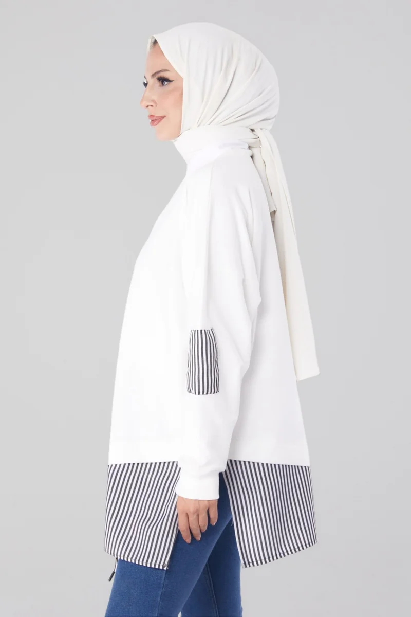 Tofisa Plain Crew Neck Women's White Striped Sweat - 26222