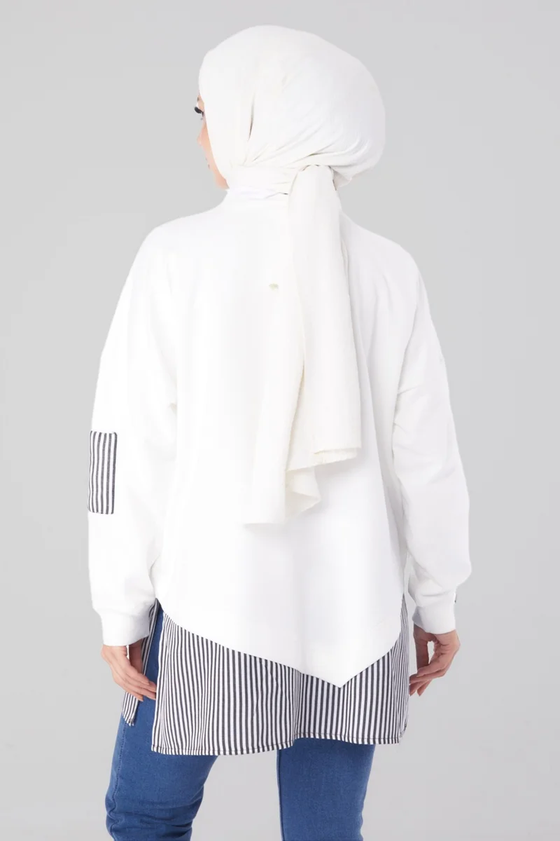 Tofisa Plain Crew Neck Women's White Striped Sweat - 26222