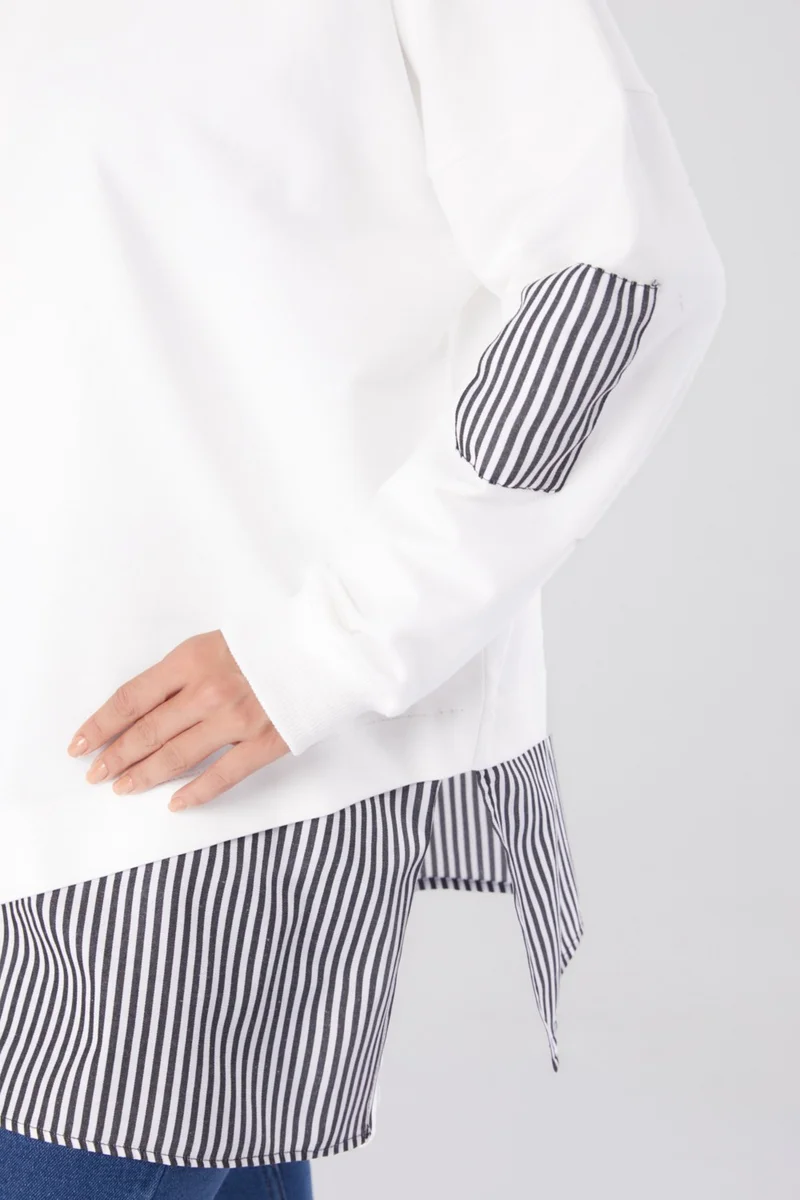Tofisa Plain Crew Neck Women's White Striped Sweat - 26222