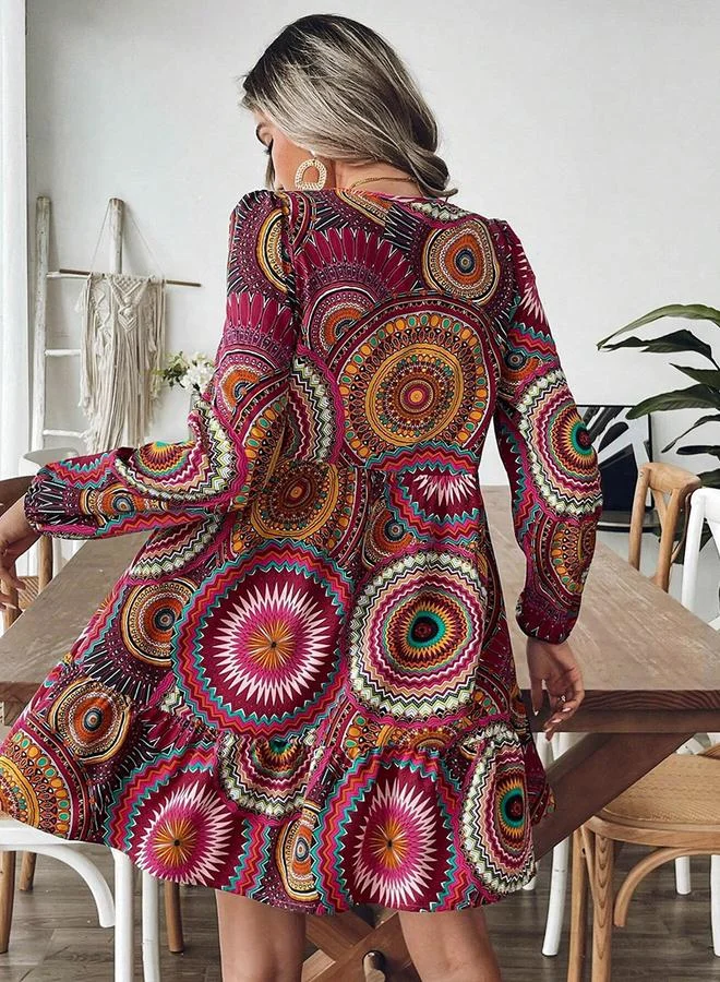 Take Two Women's Allover Printed V Neck Long Sleeve Mini Dress