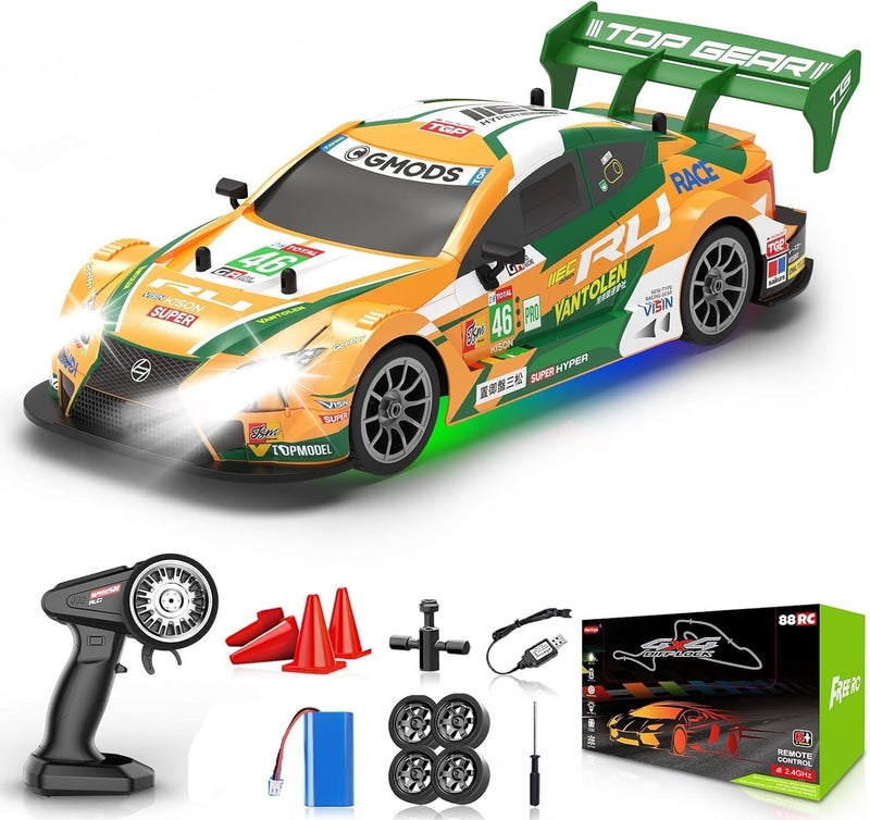 FEXXA RC Drift Car, 1:16 Scale Remote Control Car, 4WD 40KM/H High Speed RC Racing, 2.4GHz Electric Sport Driftings with Headlight, Drifting Tires and Racing Tires for Adults (Yellow+Green) - Image 1