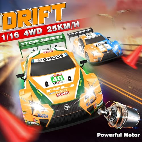 FEXXA RC Drift Car, 1:16 Scale Remote Control Car, 4WD 40KM/H High Speed RC Racing, 2.4GHz Electric Sport Driftings with Headlight, Drifting Tires and Racing Tires for Adults (Yellow+Green) - Image 4