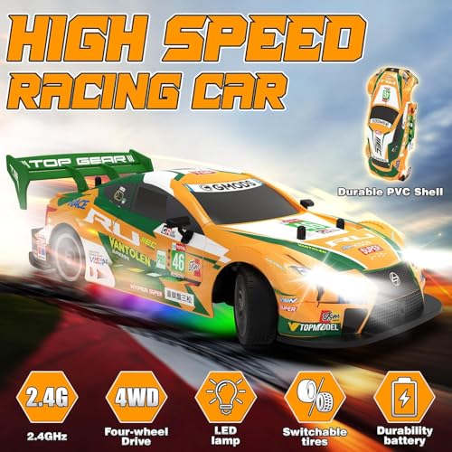 FEXXA RC Drift Car, 1:16 Scale Remote Control Car, 4WD 40KM/H High Speed RC Racing, 2.4GHz Electric Sport Driftings with Headlight, Drifting Tires and Racing Tires for Adults (Yellow+Green) - Image 3