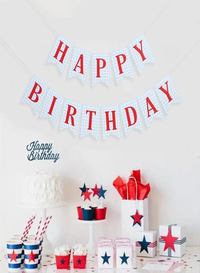 Agkvw Blue and red Happy Birthday Banner - Happy 1st Birthday decorations, Blue Gingham with Red Letters Happy Birthday Banner - Image 4