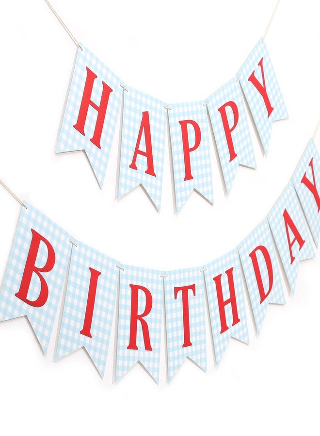 Agkvw Blue and red Happy Birthday Banner - Happy 1st Birthday decorations, Blue Gingham with Red Letters Happy Birthday Banner - Image 1