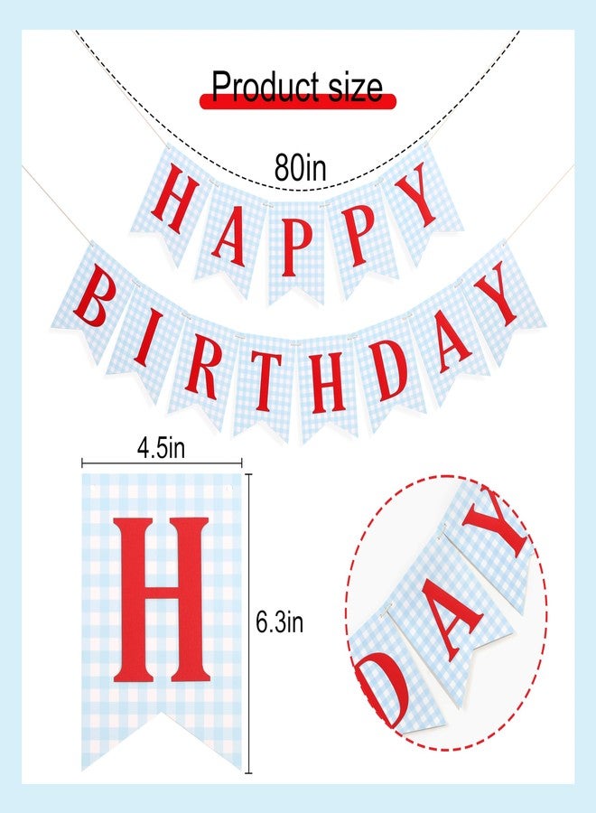 Agkvw Blue and red Happy Birthday Banner - Happy 1st Birthday decorations, Blue Gingham with Red Letters Happy Birthday Banner - Image 2