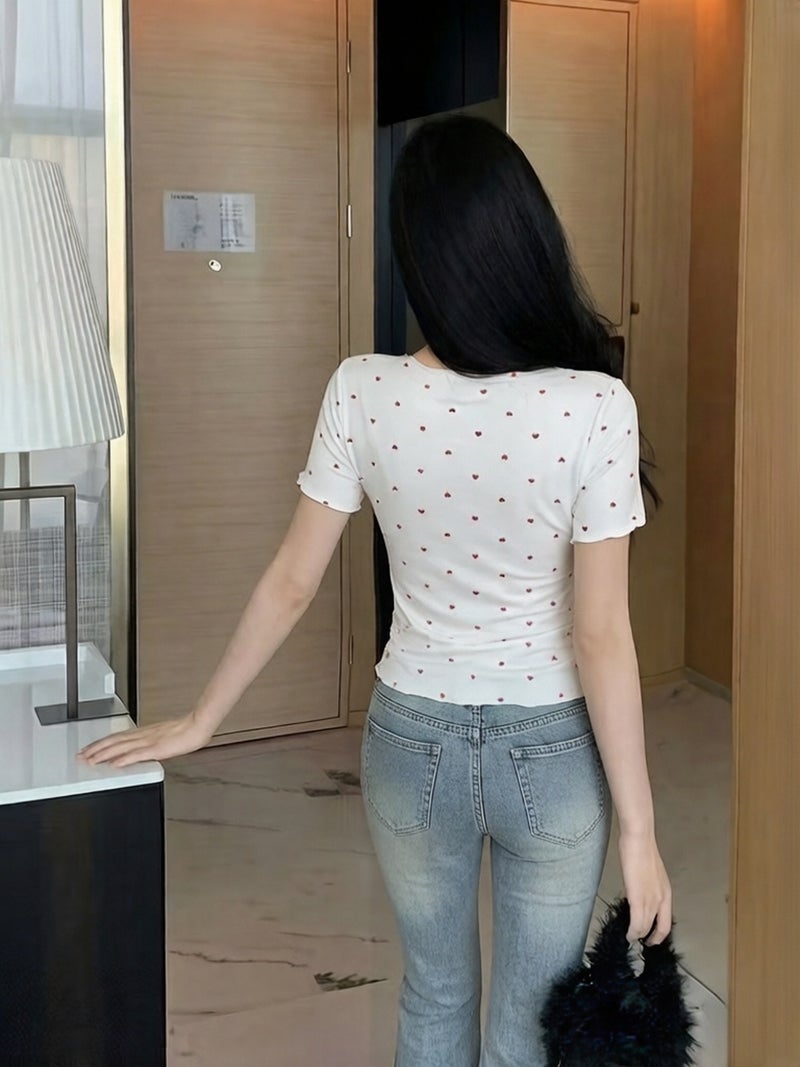 Japanese and Korean Style Sweetheart Print Lace - Up V - Neck Slim - Fit Cropped Top for a Sweet Look, Short Sleeve Top - White / S - Image 5
