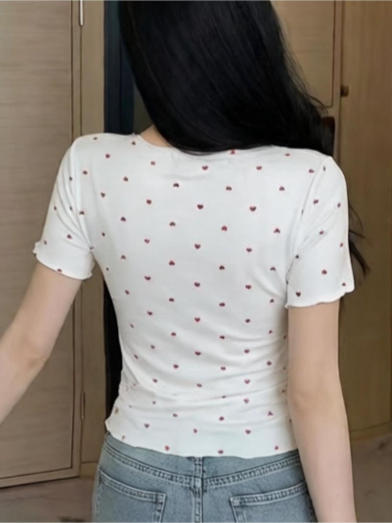 Japanese and Korean Style Sweetheart Print Lace - Up V - Neck Slim - Fit Cropped Top for a Sweet Look, Short Sleeve Top - White / S - Image 4
