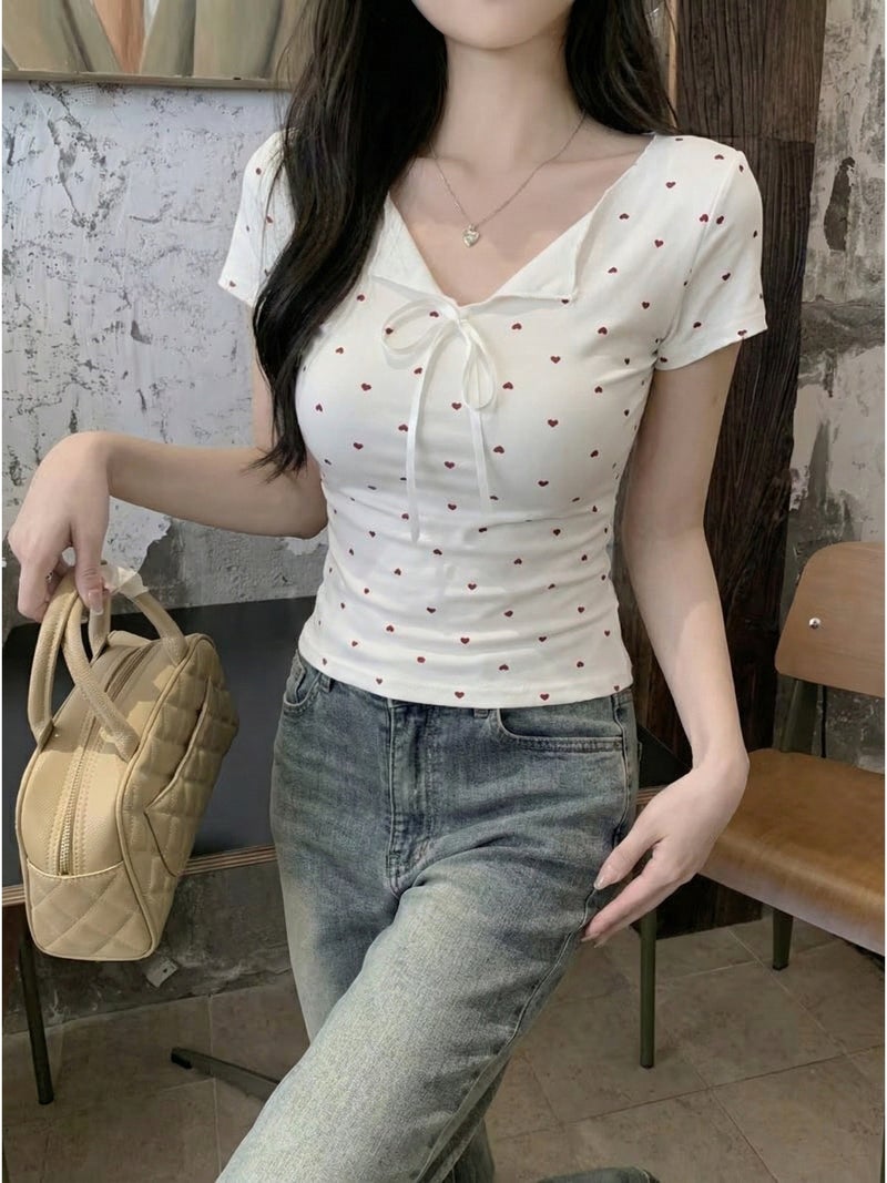 Japanese and Korean Style Sweetheart Print Lace - Up V - Neck Slim - Fit Cropped Top for a Sweet Look, Short Sleeve Top - White / S - Image 2
