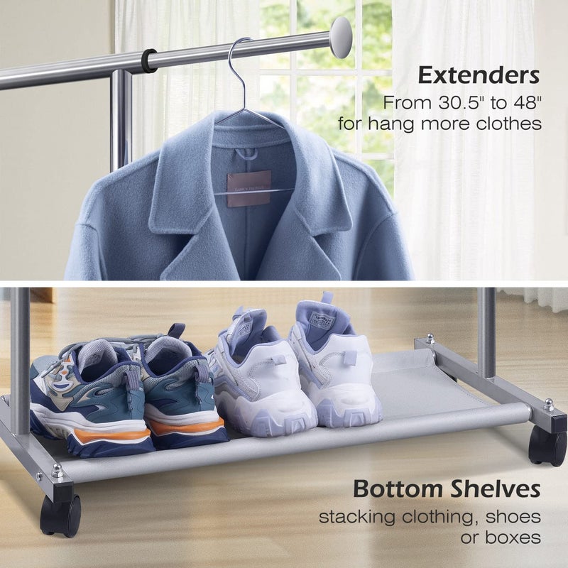 MISSLO Short Clothing Racks for Hanging Clothes with Bottom Shelves and Wheels Heavy Duty Rolling Clothes Rack Kids Clothing Rack for Adult Coat, Closet, Wardrobe - Image 5