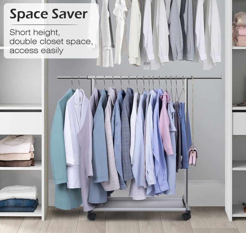 MISSLO Short Clothing Racks for Hanging Clothes with Bottom Shelves and Wheels Heavy Duty Rolling Clothes Rack Kids Clothing Rack for Adult Coat, Closet, Wardrobe - Image 2