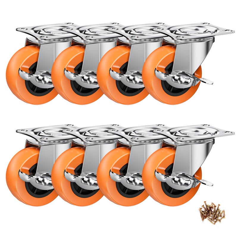 ASHGOOB 2 Inch Casters ASHGOOB Caster Wheels with Side Brake Locking Casters Set of 8 IndustrialFurniture Swivel Plate Caster Wheels for Workbench and Carts Orange Polyurethane PU Castors 8 Pack - Image 2