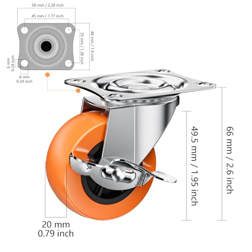 ASHGOOB 2 Inch Casters ASHGOOB Caster Wheels with Side Brake Locking Casters Set of 8 IndustrialFurniture Swivel Plate Caster Wheels for Workbench and Carts Orange Polyurethane PU Castors 8 Pack - Image 3