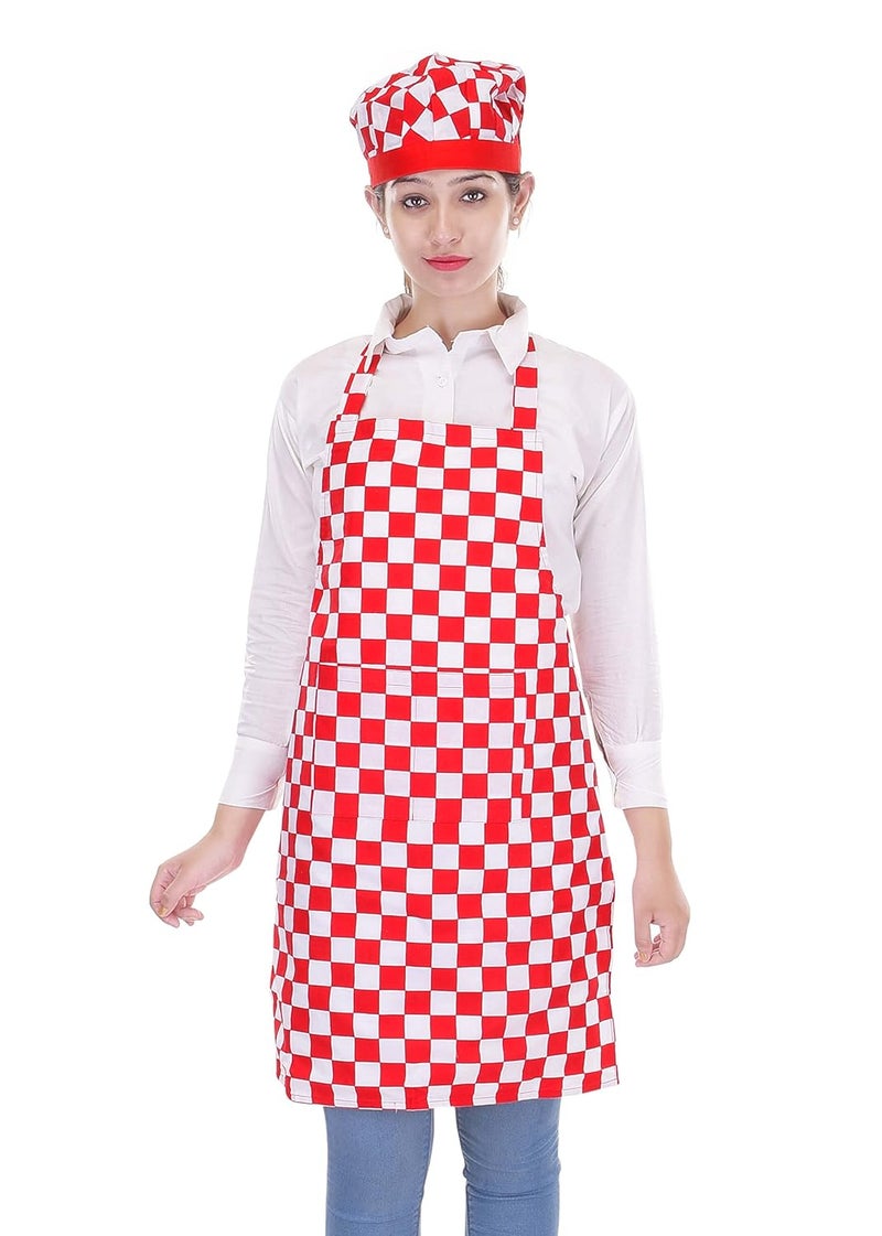 Switchon Switchon Checkered Waterproof Cotton Kitchen Apron with Cap Red and White Proudly made in india - Image 1