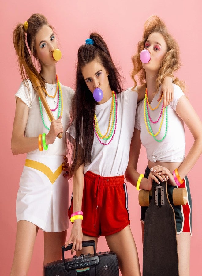 Batiyeer ملحقات أزياء نيون من باتيير 48 قطعة للنساء، 24 قطعة سوار بلاستيكي نيون من الثمانينات و24 قطعة قلادة خرز ملحقات أزياء من الثمانينات للنساء لزينة حفلات عيد الميلاد النيون - Image 4