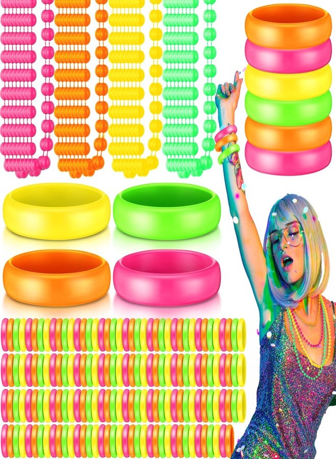 Batiyeer ملحقات أزياء نيون من باتيير 48 قطعة للنساء، 24 قطعة سوار بلاستيكي نيون من الثمانينات و24 قطعة قلادة خرز ملحقات أزياء من الثمانينات للنساء لزينة حفلات عيد الميلاد النيون - Image 1