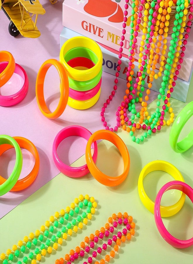 Batiyeer ملحقات أزياء نيون من باتيير 48 قطعة للنساء، 24 قطعة سوار بلاستيكي نيون من الثمانينات و24 قطعة قلادة خرز ملحقات أزياء من الثمانينات للنساء لزينة حفلات عيد الميلاد النيون - Image 5