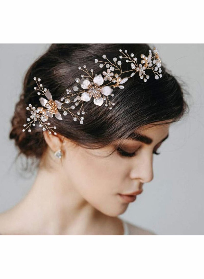 Loquat Women Pearl Crystal Bridal Headband Golden Rhinestone Flower Hair Band with Ribbon for Wedding Party Accessories - Image 2