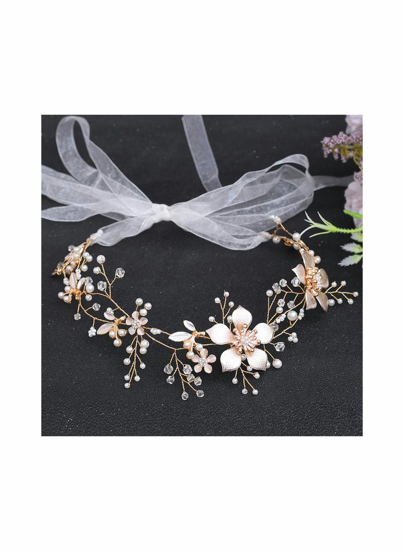 Loquat Women Pearl Crystal Bridal Headband Golden Rhinestone Flower Hair Band with Ribbon for Wedding Party Accessories - Image 3