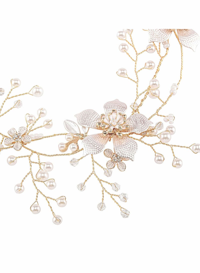 Loquat Women Pearl Crystal Bridal Headband Golden Rhinestone Flower Hair Band with Ribbon for Wedding Party Accessories - Image 4