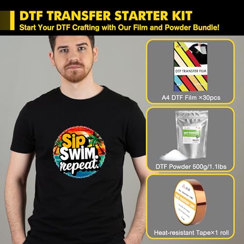 A-SUB ASUB DTF Transfer Film and Powder Kit 30 Sheets A4 DTF Film for Sublimation and DTF Printer 11lb500g White Medium DTF Powder DTF Starter Kit for Printing on Any Fabrics - Image 3