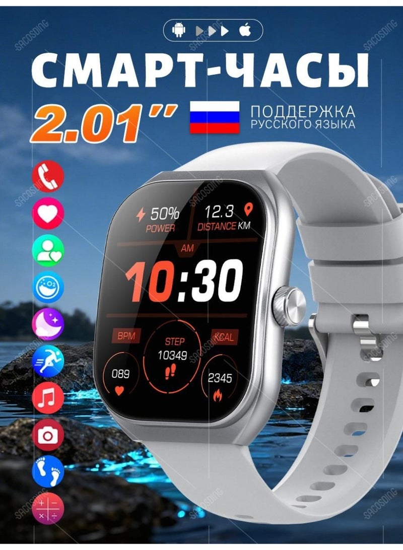 ساعة ذكية بشاشة AMOLED HD مقاس 2.01 بوصة، متعقب لياقة بدنية مقاوم للماء IP68 مع بلوتوث 5.3 ومراقبة معدل ضربات القلب والنوم للرجال والنساء - Image 1