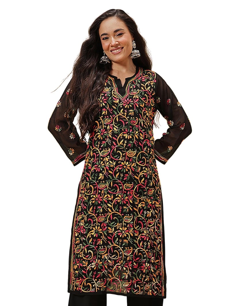 Ada Hand Embroidered Lucknow Chikankari Black Georgette Regular Fit Kurta Kurti with Slip for Women A90314 (XS) - Image 1