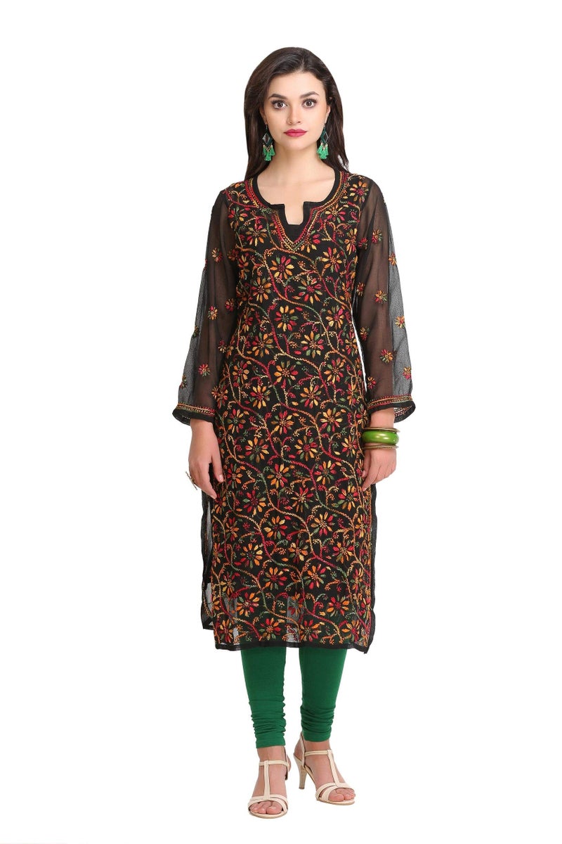 Ada Hand Embroidered Lucknow Chikankari Black Georgette Regular Fit Kurta Kurti with Slip for Women A90314 (XS) - Image 4