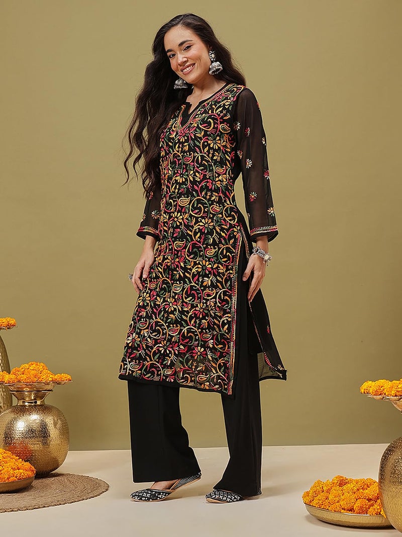 Ada Hand Embroidered Lucknow Chikankari Black Georgette Regular Fit Kurta Kurti with Slip for Women A90314 (XS) - Image 5