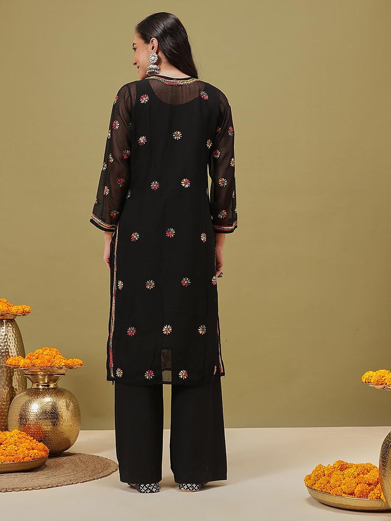 Ada Hand Embroidered Lucknow Chikankari Black Georgette Regular Fit Kurta Kurti with Slip for Women A90314 (XS) - Image 2