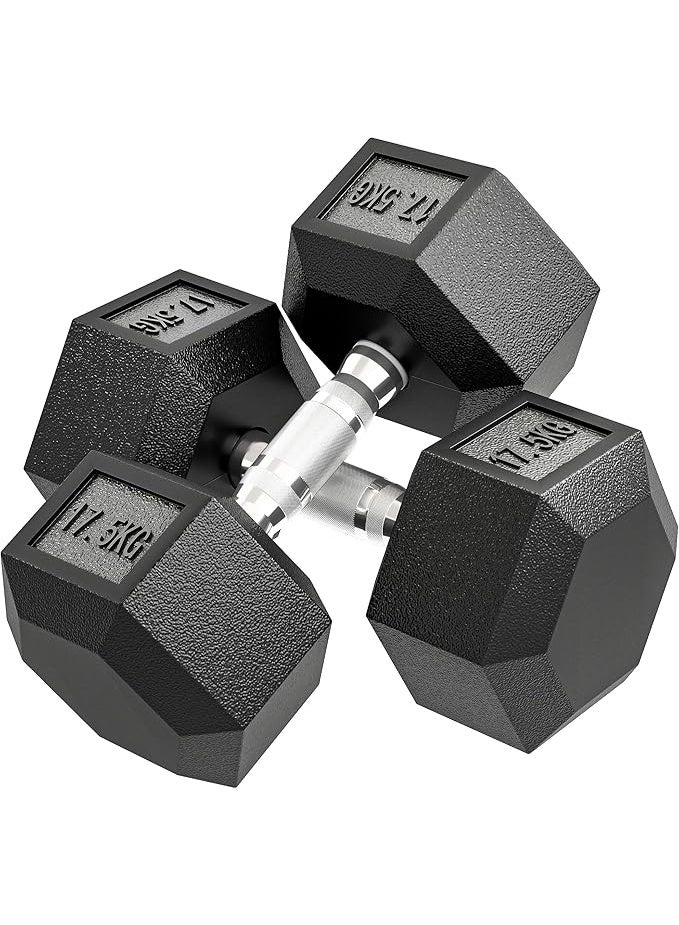 Hex Dumbbell Set, 2 x 17.5 kg Cast Iron Rubber Coated Dumbbell Set with Connecting Bars for Home, Gym and Office Workout, Black and Silver - Image 1