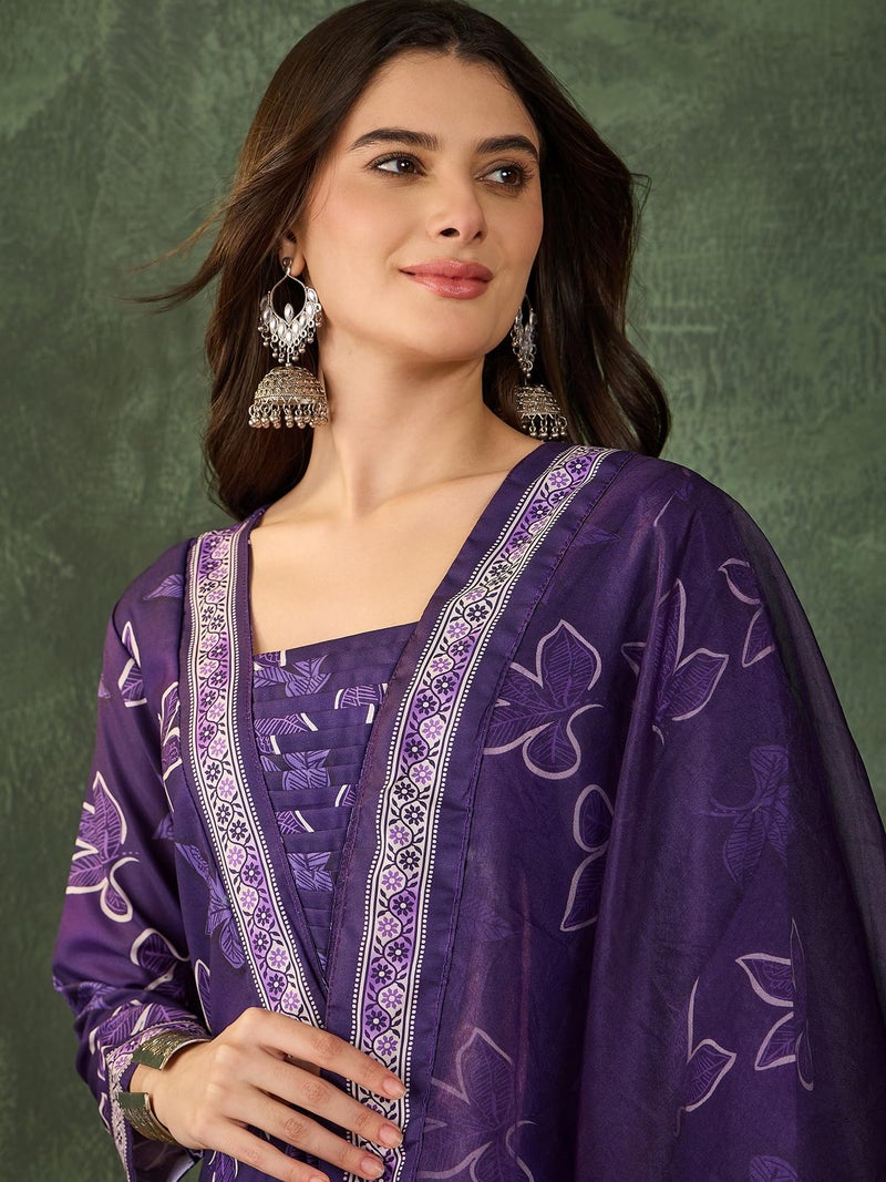 Naixa Women's Rayon Embroidered and Printed Flared Kurta with Pant and Dupatta Sets (NX-756-Purple-L) - Image 5