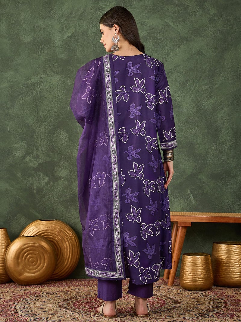 Naixa Women's Rayon Embroidered and Printed Flared Kurta with Pant and Dupatta Sets (NX-756-Purple-L) - Image 4