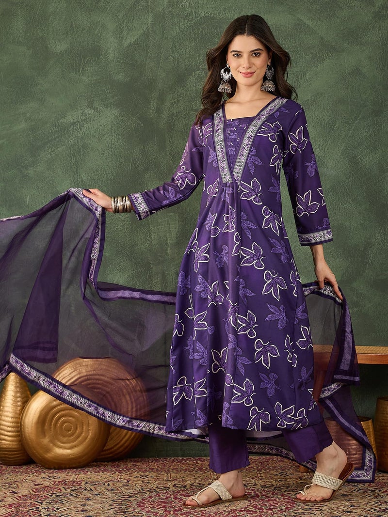 Naixa Women's Rayon Embroidered and Printed Flared Kurta with Pant and Dupatta Sets (NX-756-Purple-L) - Image 2
