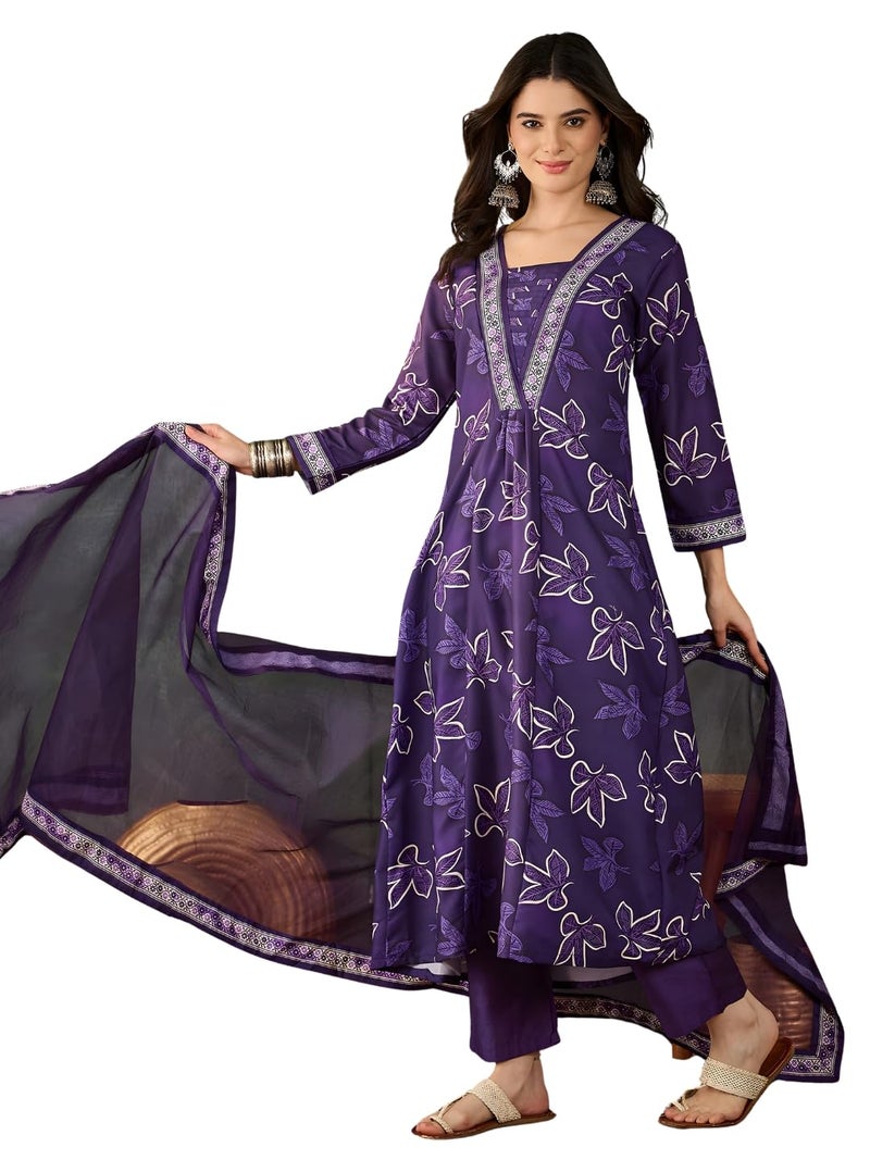 Naixa Women's Rayon Embroidered and Printed Flared Kurta with Pant and Dupatta Sets (NX-756-Purple-L) - Image 1