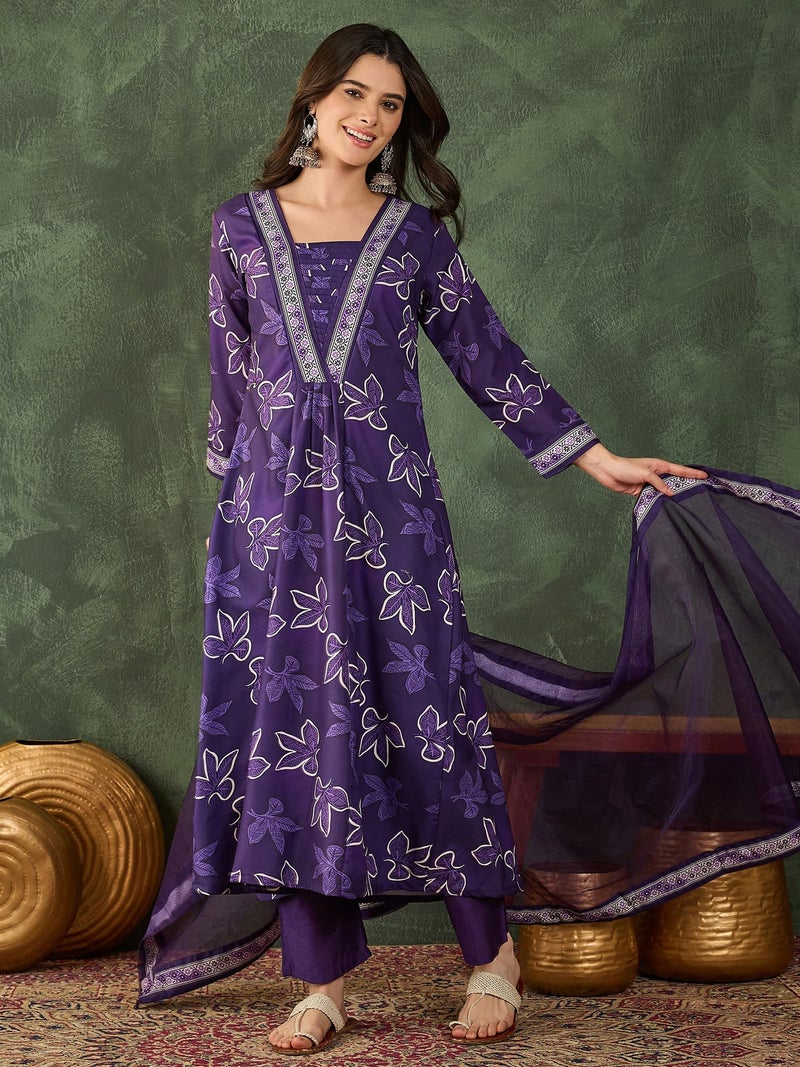 Naixa Women's Rayon Embroidered and Printed Flared Kurta with Pant and Dupatta Sets (NX-756-Purple-L) - Image 3