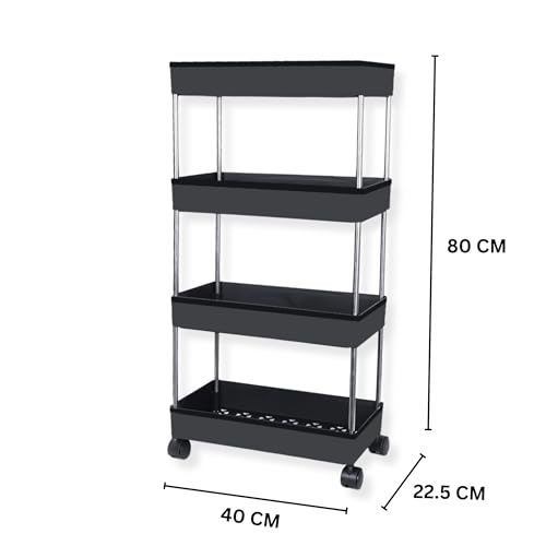 PULSBERY Multipurpose Plastic Trolley with Dish Rack for Kitchen Fruit Vegetable Storage Basket Modern Organizer - 4 Layer Stackable Shelf Cart Kitchenware Food, Snacks, Toys, Tiered Shelf (Black) - Image 2