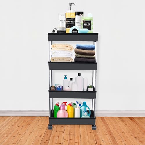 PULSBERY Multipurpose Plastic Trolley with Dish Rack for Kitchen Fruit Vegetable Storage Basket Modern Organizer - 4 Layer Stackable Shelf Cart Kitchenware Food, Snacks, Toys, Tiered Shelf (Black) - Image 1