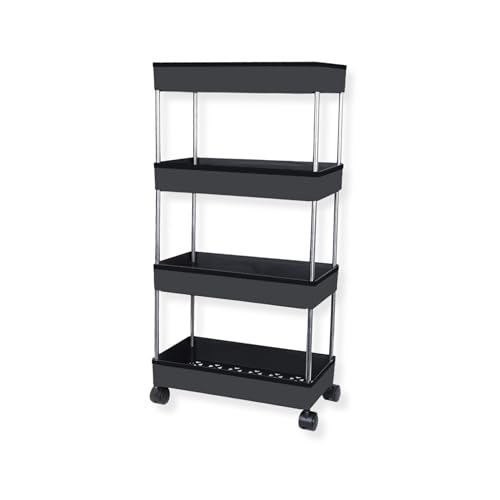 PULSBERY Multipurpose Plastic Trolley with Dish Rack for Kitchen Fruit Vegetable Storage Basket Modern Organizer - 4 Layer Stackable Shelf Cart Kitchenware Food, Snacks, Toys, Tiered Shelf (Black) - Image 3
