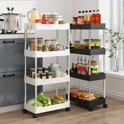 PULSBERY Multipurpose Plastic Trolley with Dish Rack for Kitchen Fruit Vegetable Storage Basket Modern Organizer - 4 Layer Stackable Shelf Cart Kitchenware Food, Snacks, Toys, Tiered Shelf (Black) - Image 5