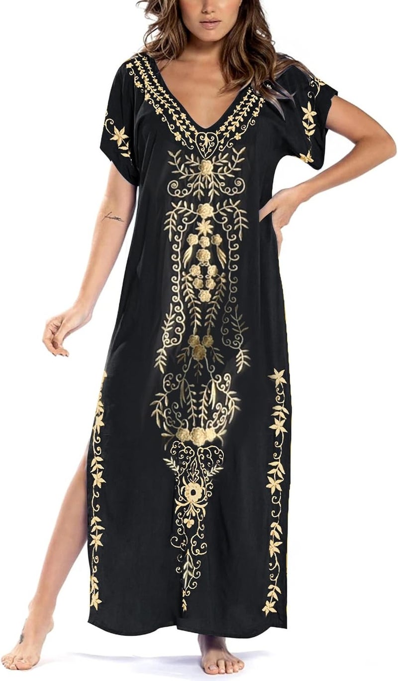 Women Embroidered Kaftan Dress - Short Sleeve Beach Cover Up - Image 1