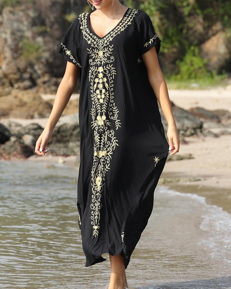 Women Embroidered Kaftan Dress - Short Sleeve Beach Cover Up - Image 5