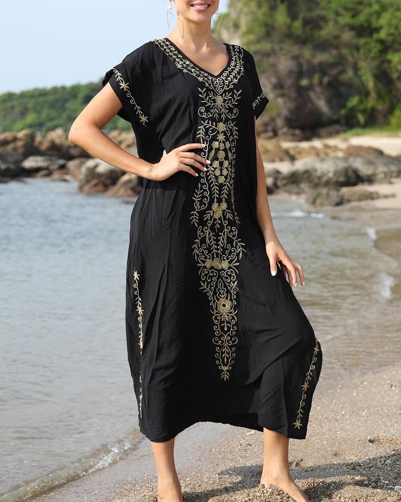 Women Embroidered Kaftan Dress - Short Sleeve Beach Cover Up - Image 3