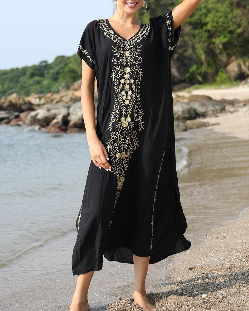 Women Embroidered Kaftan Dress - Short Sleeve Beach Cover Up - Image 4